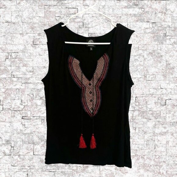 Bobeau Black Sleeveless Tank Top Tunic with Embroidered Design & Tassels Size L - Picture 2 of 11